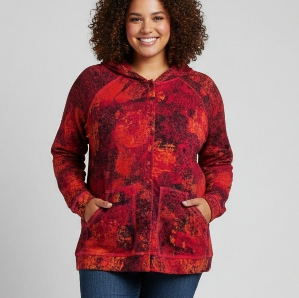 Chico's Travelers Women's Hoodie Size 2 (Large) Red Black Slinky Knit Snap USA